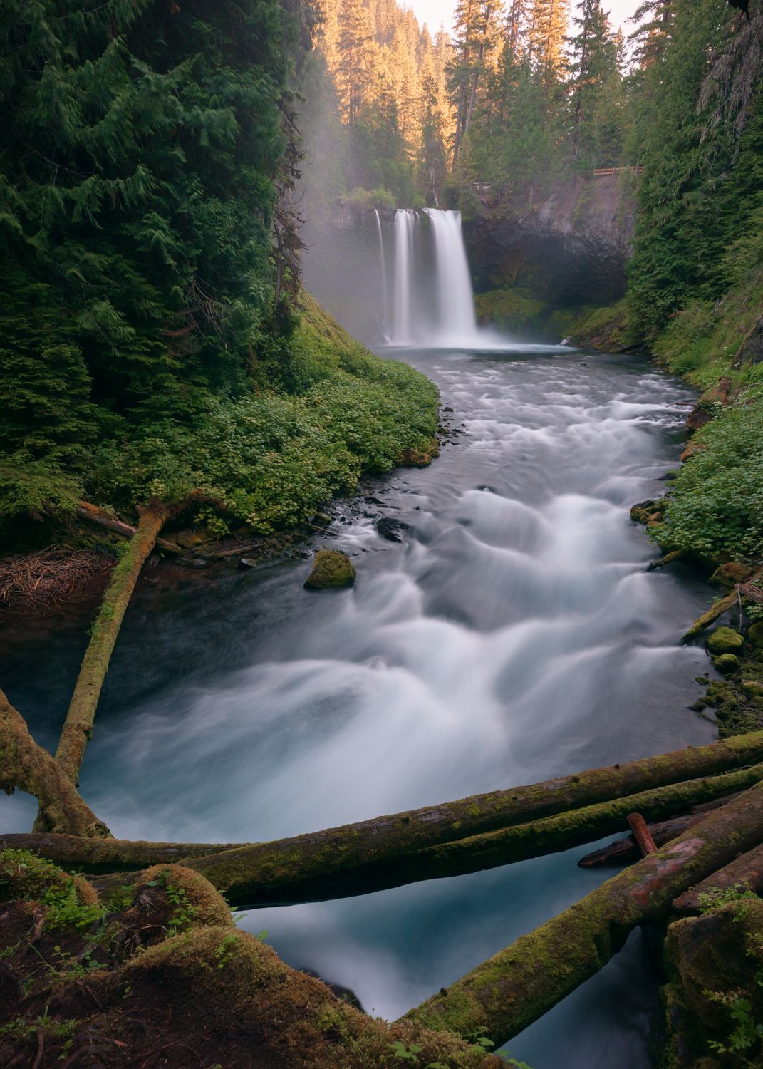Majestic waterfall cascades through lush forest with misty spray and rushing rapids below.