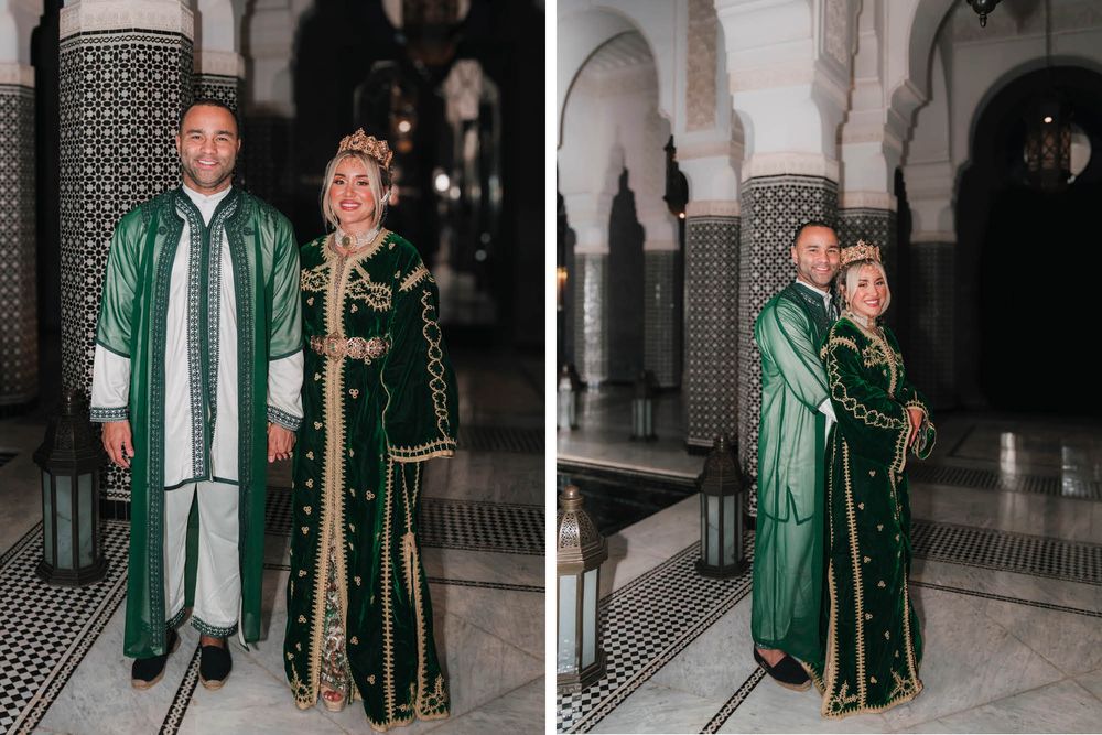 Couple in matching emerald green traditional Moroccan attire pose together in a palatial corridor.