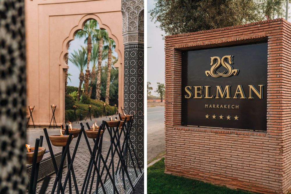 A split view showing an ornate arched mirror with table settings and a brick entrance sign for Selman Collection.
