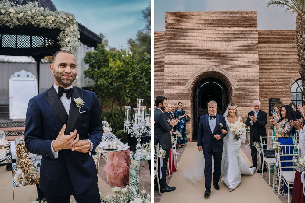 A wedding celebration at an outdoor venue with a brick archway entrance and festive decorations.