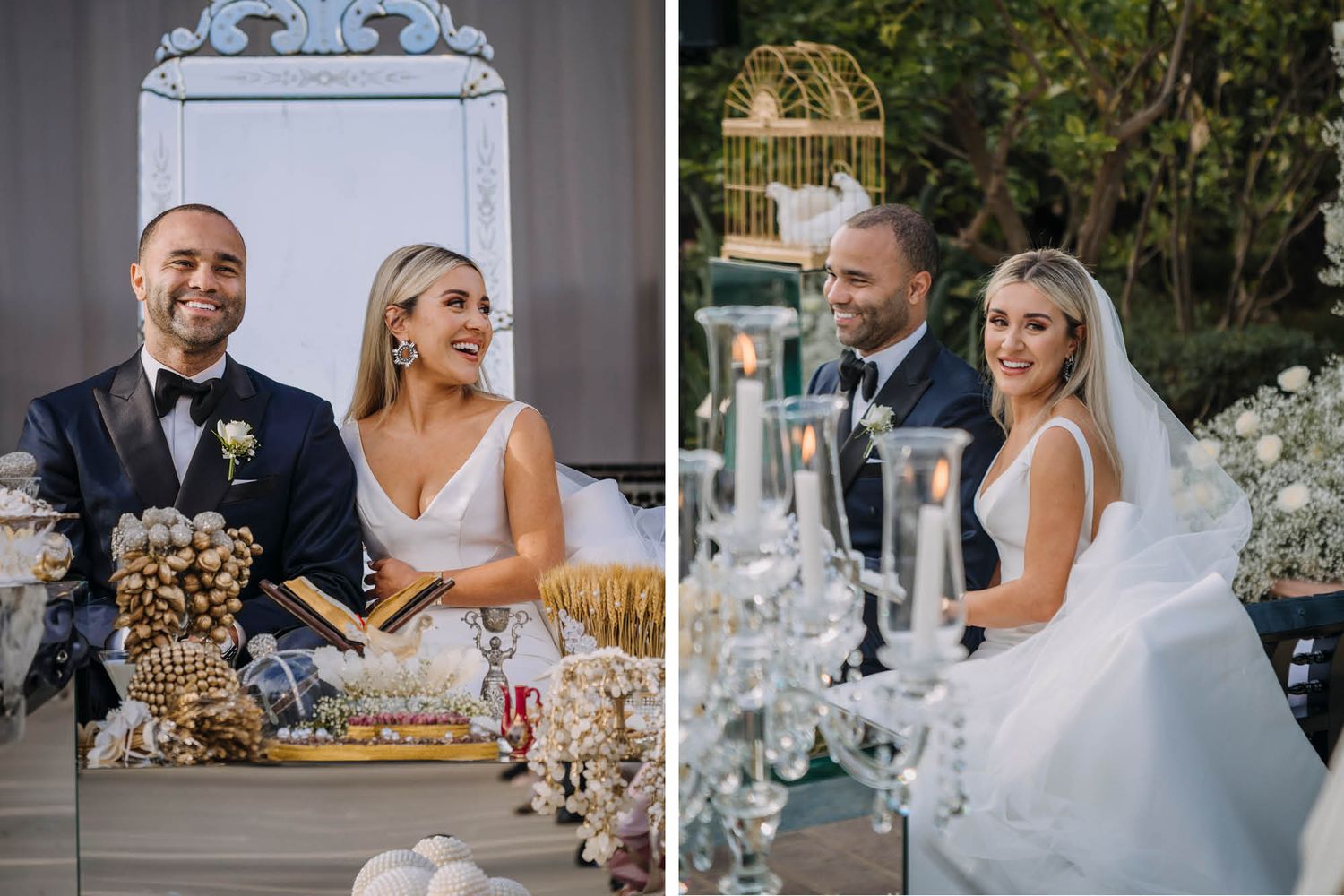 Wedding couple celebrates at a elegantly decorated reception with white floral arrangements and candles on table.