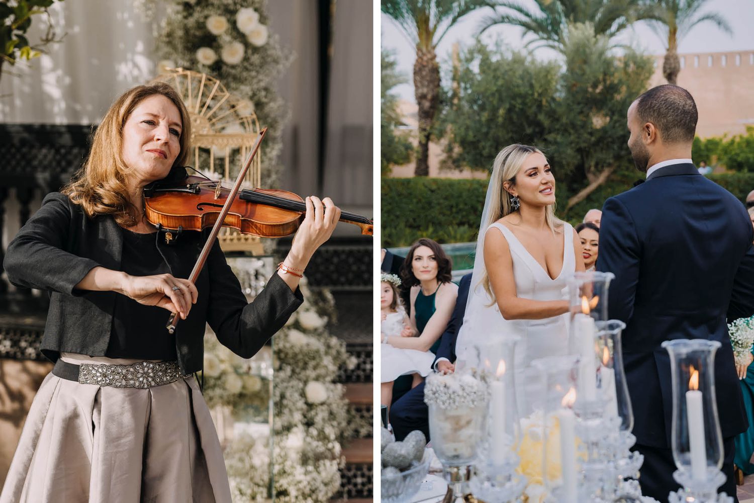 Female musician plays violin at outdoor ceremony while newlyweds dance in garden setting.