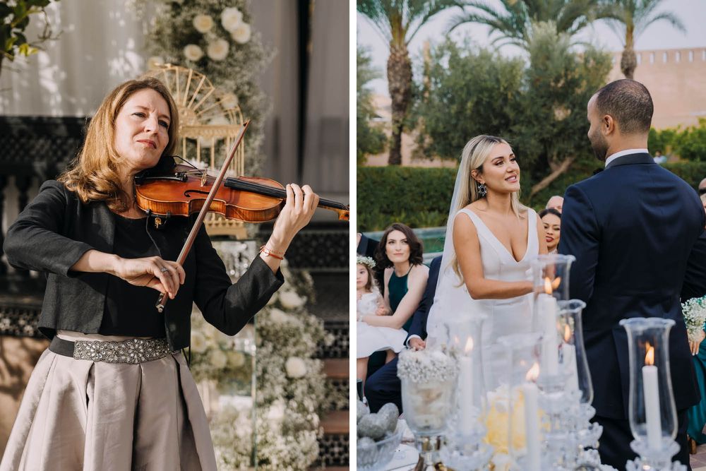 Female musician plays violin at outdoor ceremony while newlyweds dance in garden setting.