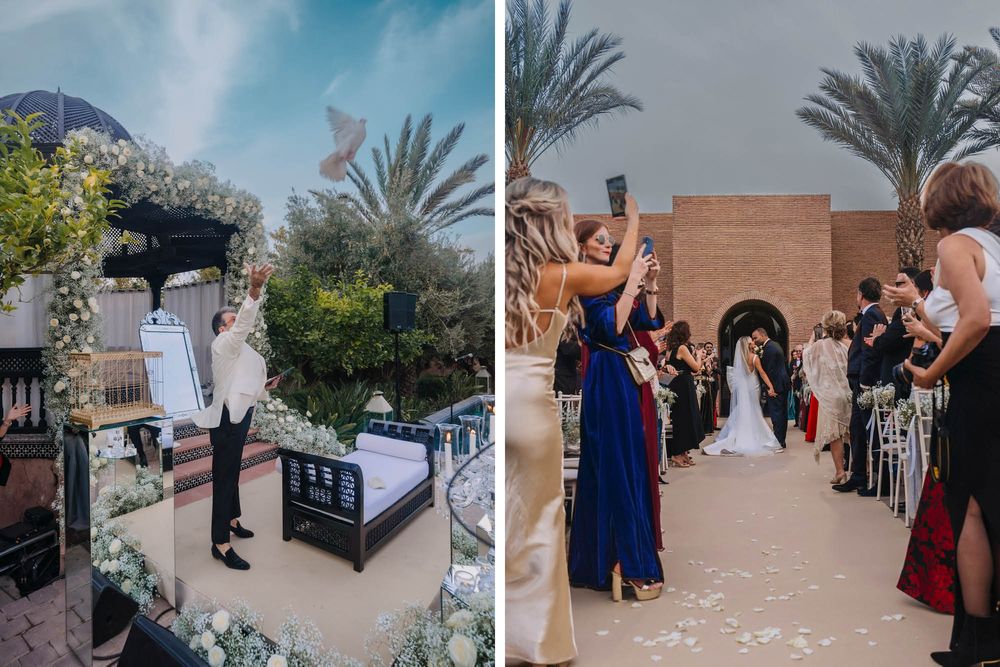 A luxurious outdoor wedding venue features palm trees and a desert ceremony setup at a modern resort location.