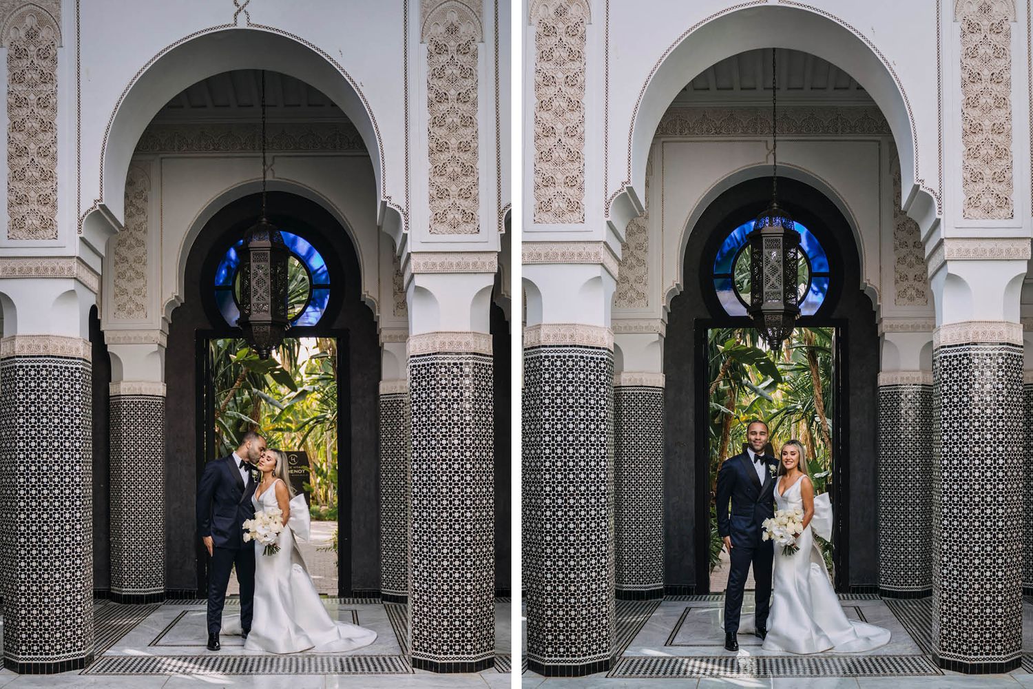 Two figures pose beneath ornate Moorish-style arched doorways with geometric tile work and intricate architectural details.