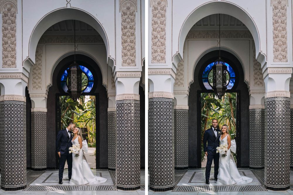 Two figures pose beneath ornate Moorish-style arched doorways with geometric tile work and intricate architectural details.