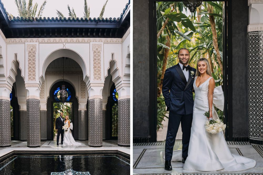 Two wedding photos show a couple against ornate Moroccan architecture with intricate tiles and arches at La Mamounia.