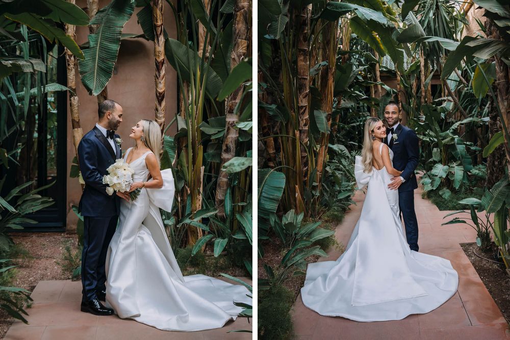 Two-panel wedding portrait in a tropical garden setting with tall banana plants framing the couple.