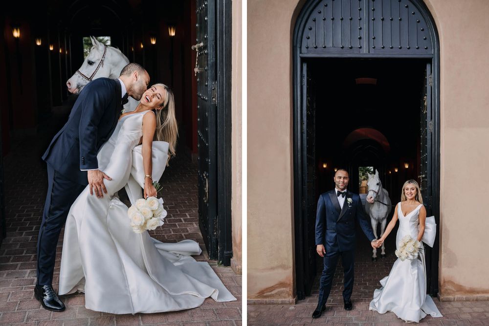 Wedding couple poses in romantic archway with artistic split view showing two elegant poses against historic doorway.