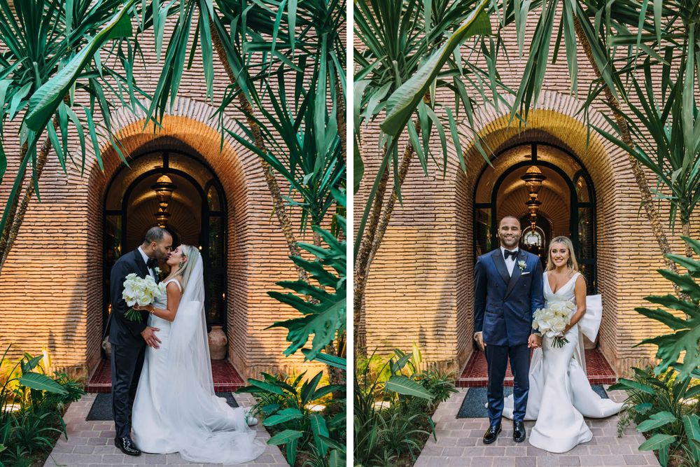Wedding portraits framed by tropical greenery and arched brick architecture creating a lush garden atmosphere.