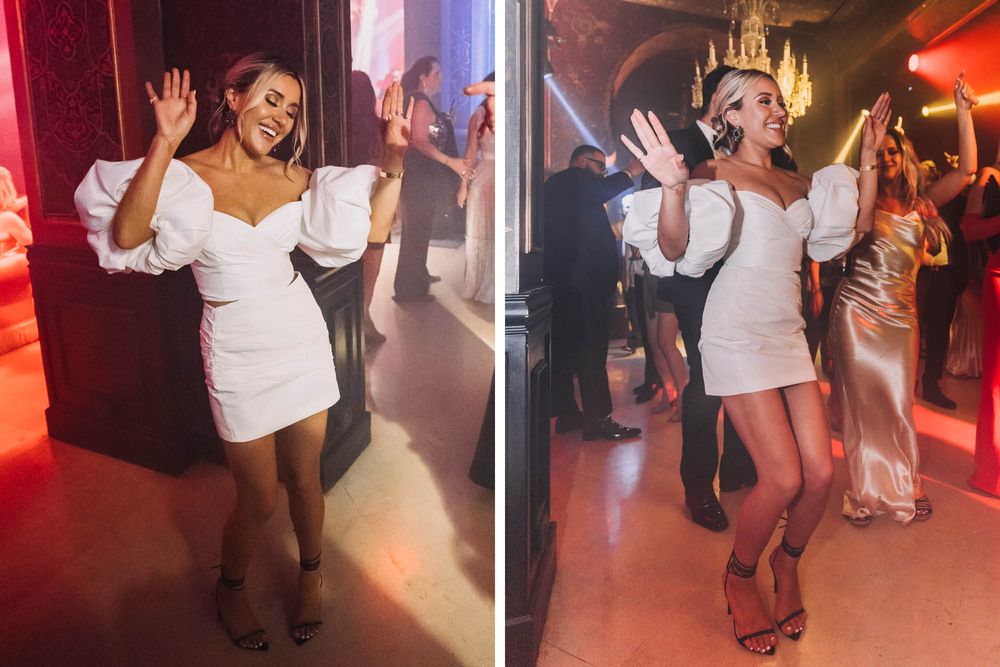 Two views of someone dancing and having fun in a short white dress with puff sleeves at a festive party venue.