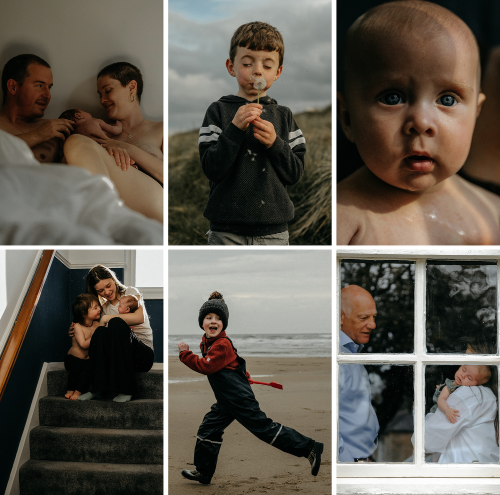 Grid of candid family moments featuring playful children, affectionate parents, and everyday routines — storytelling through lifestyle photo