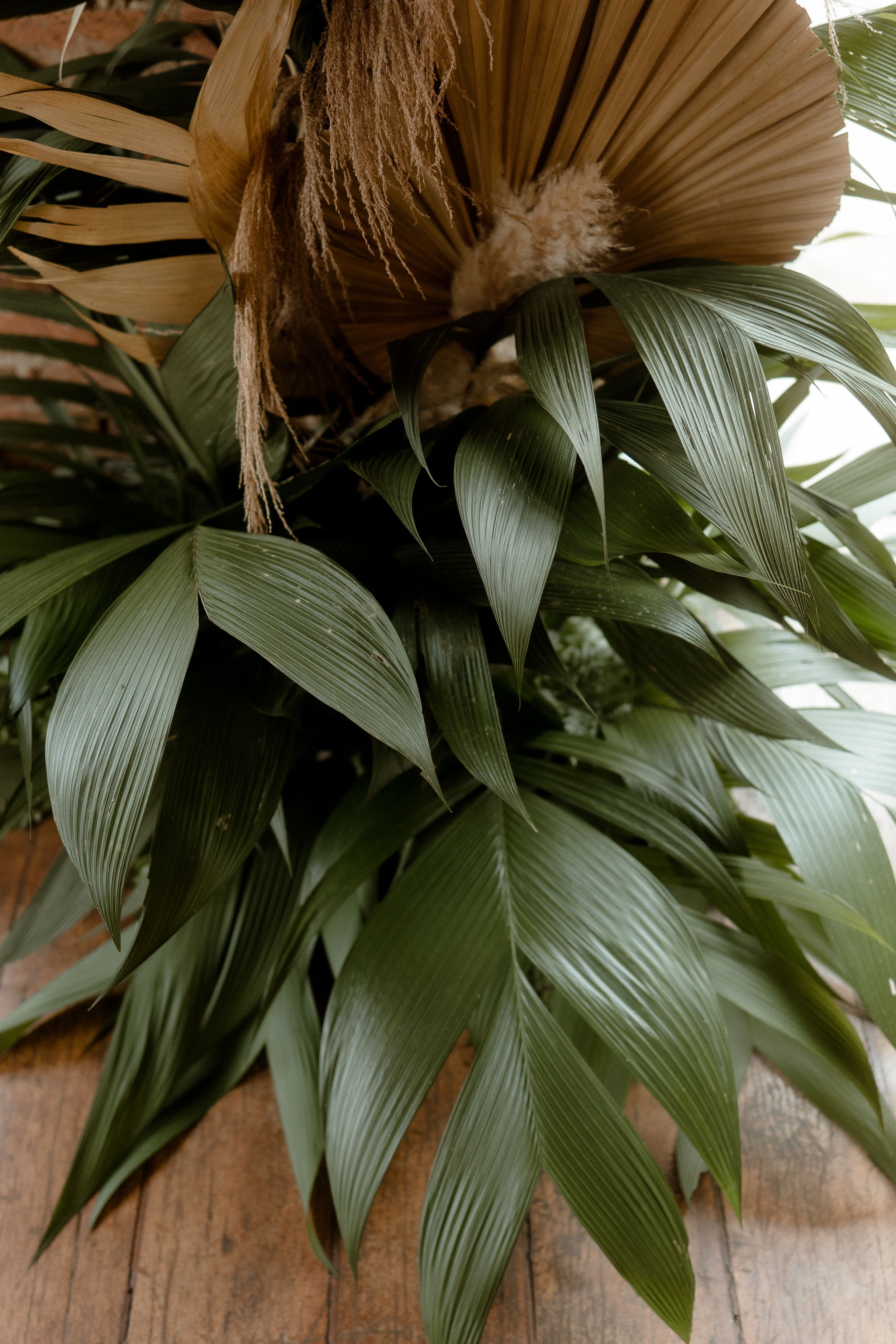Close-up of tropical palm leaves and dried pampas grass wedding decor.