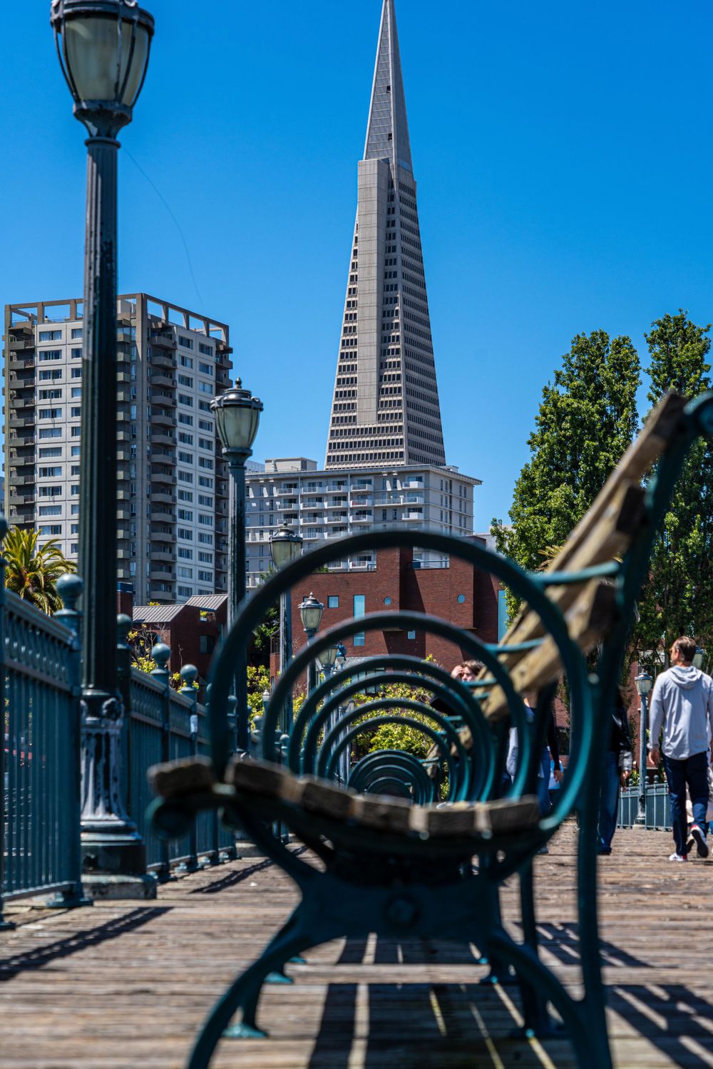 San Francisco's Transamerica Pyramid rises above ornate iron benches along a waterfront boardwalk.