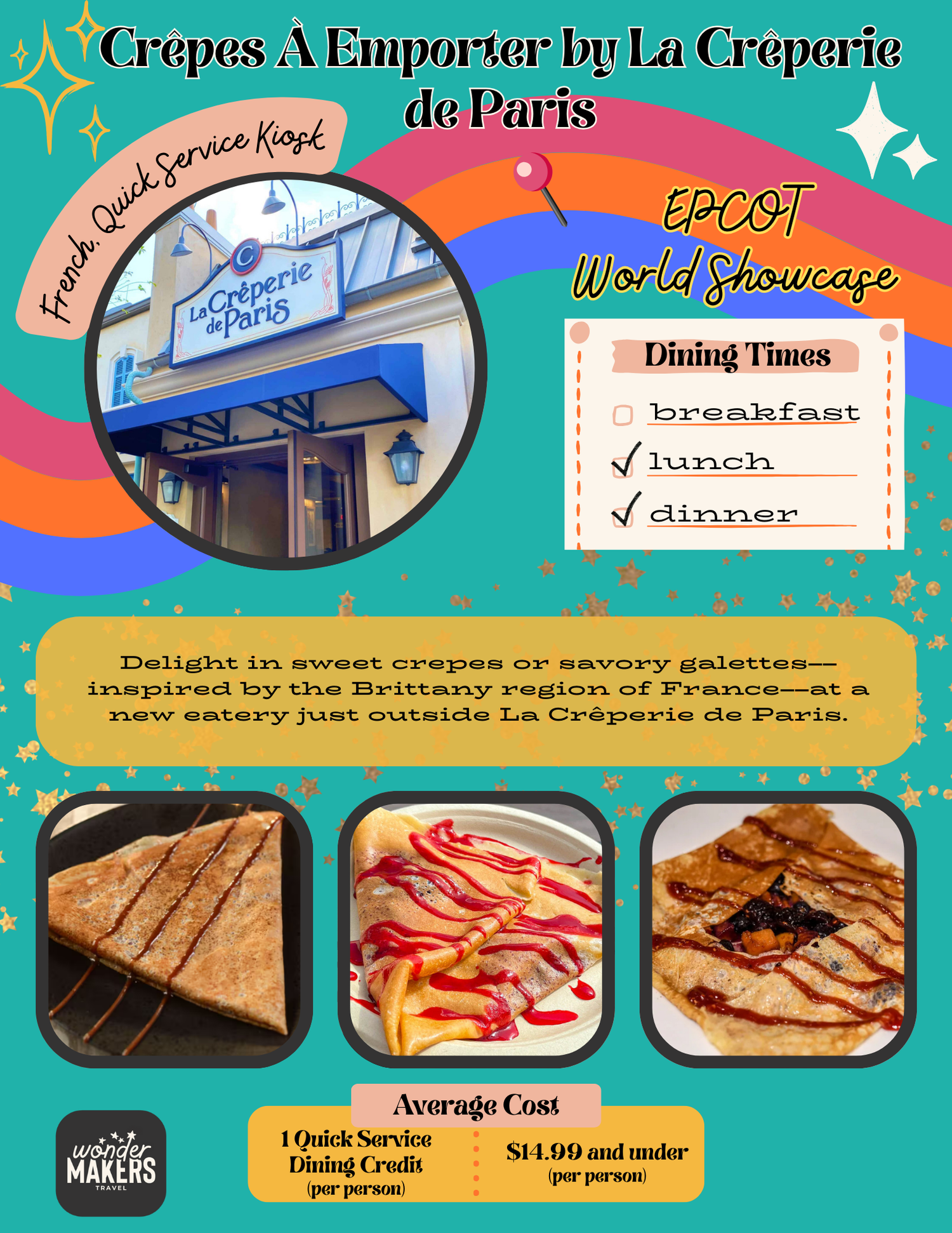 Colorful menu board for Crepes A Emporter showcasing French crepes with photos of sweet and savory options at EPCOT.