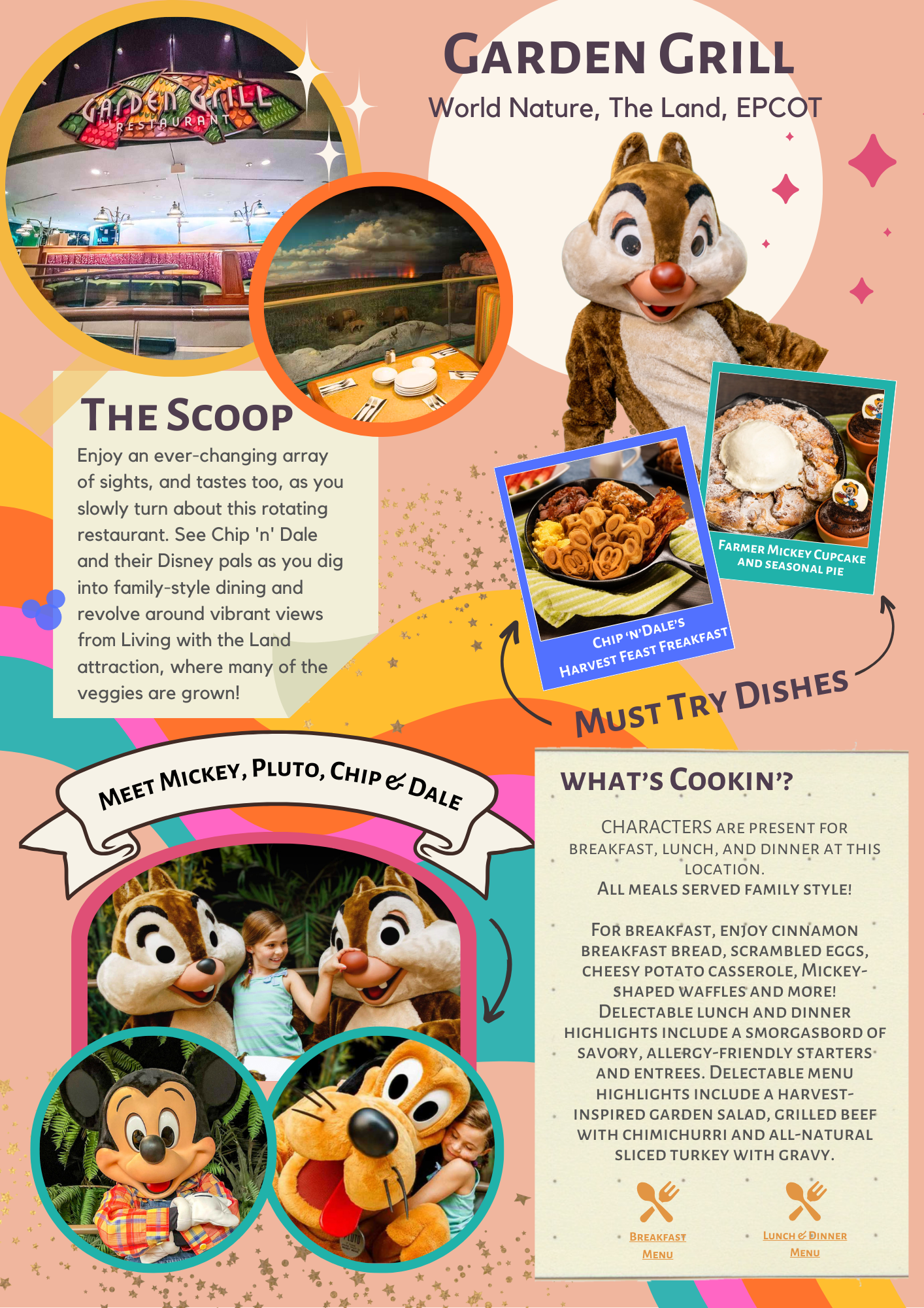 Disney's Garden Grill restaurant promotional image showcasing menu items, exterior views, and animated characters in EPCOT's World Nature.