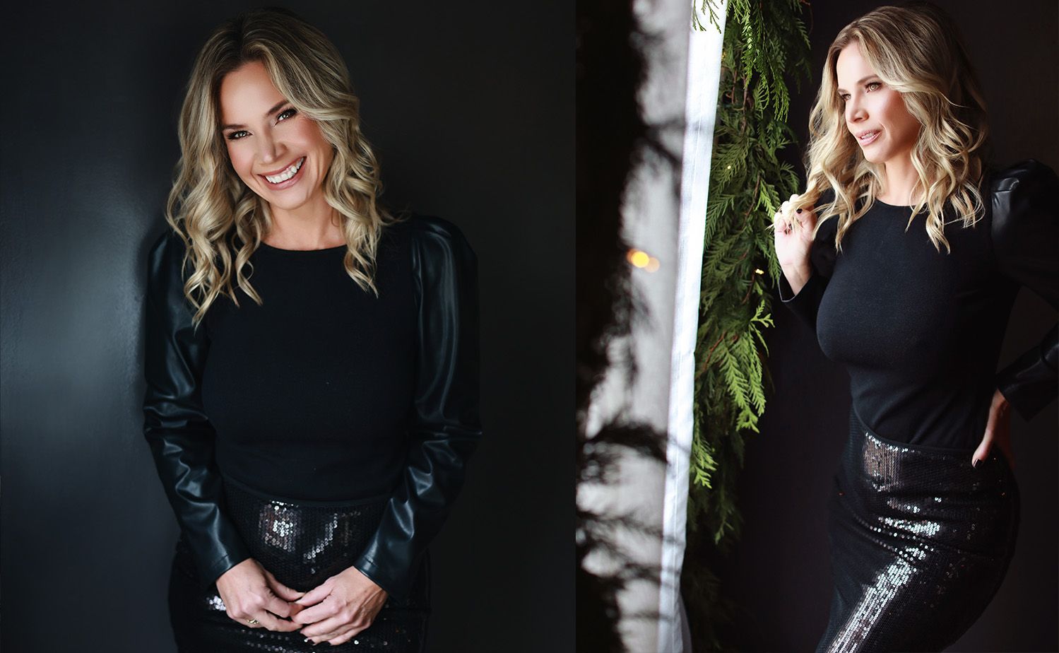 Fashion portrait with black leather and sequin outfit against dark background.