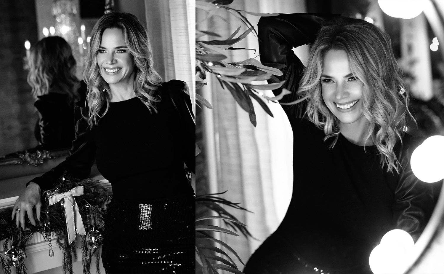 Black and white fashion portraits with glamorous styling and lighting.