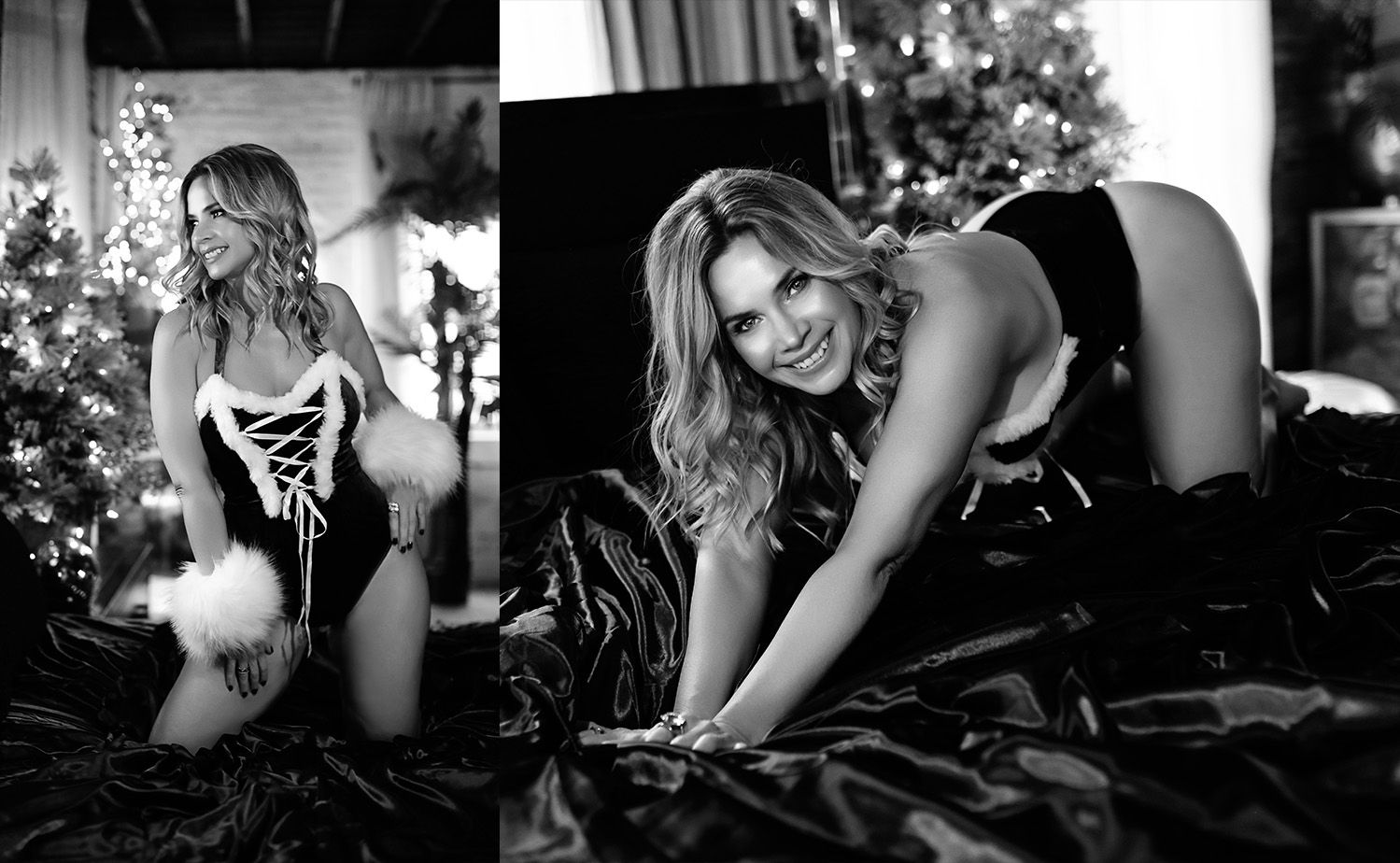 Black and white boudoir photos with soft lighting and festive decor.