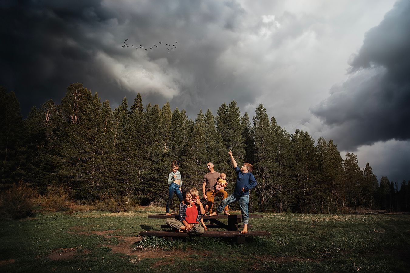 Playful candid of three siblings laughing with parents during golden-hour family session in Lake Tahoe. Documentary-style photography by Ali