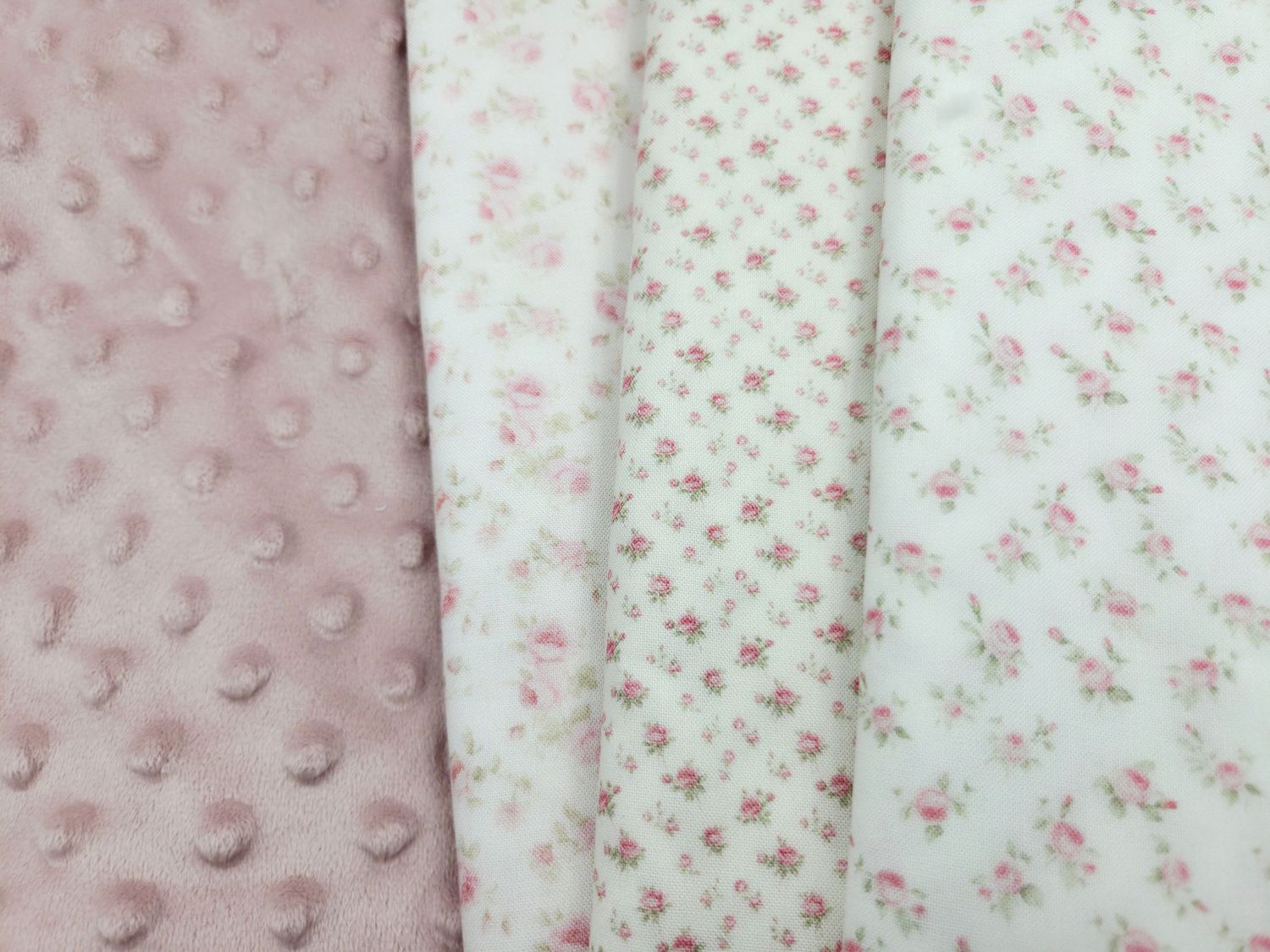 Seamless pink and white floral pattern swatches with delicate roses and polka dots in soft pastel colors.