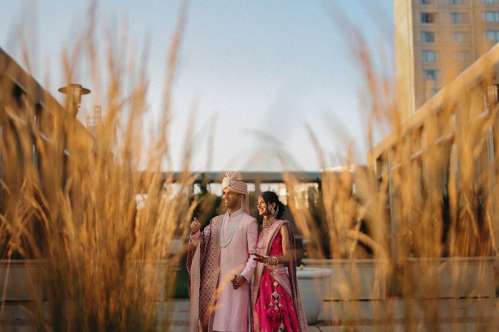 Romantic portrait of a couple in traditional Indian outfits surrounded by golden wheat stalks.