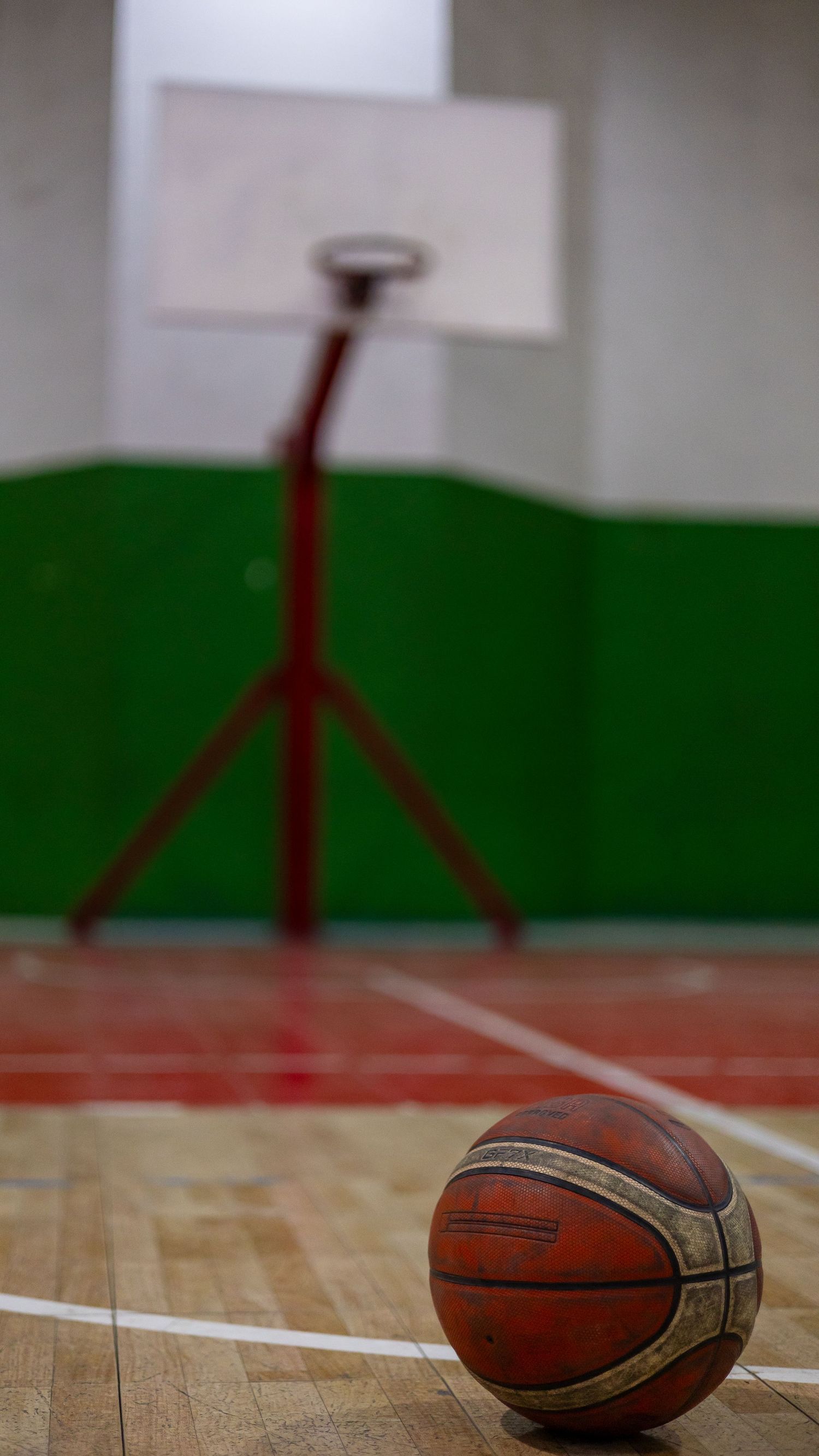 A basketball rests on a wooden court floor with a hoop stand in soft focus background.
