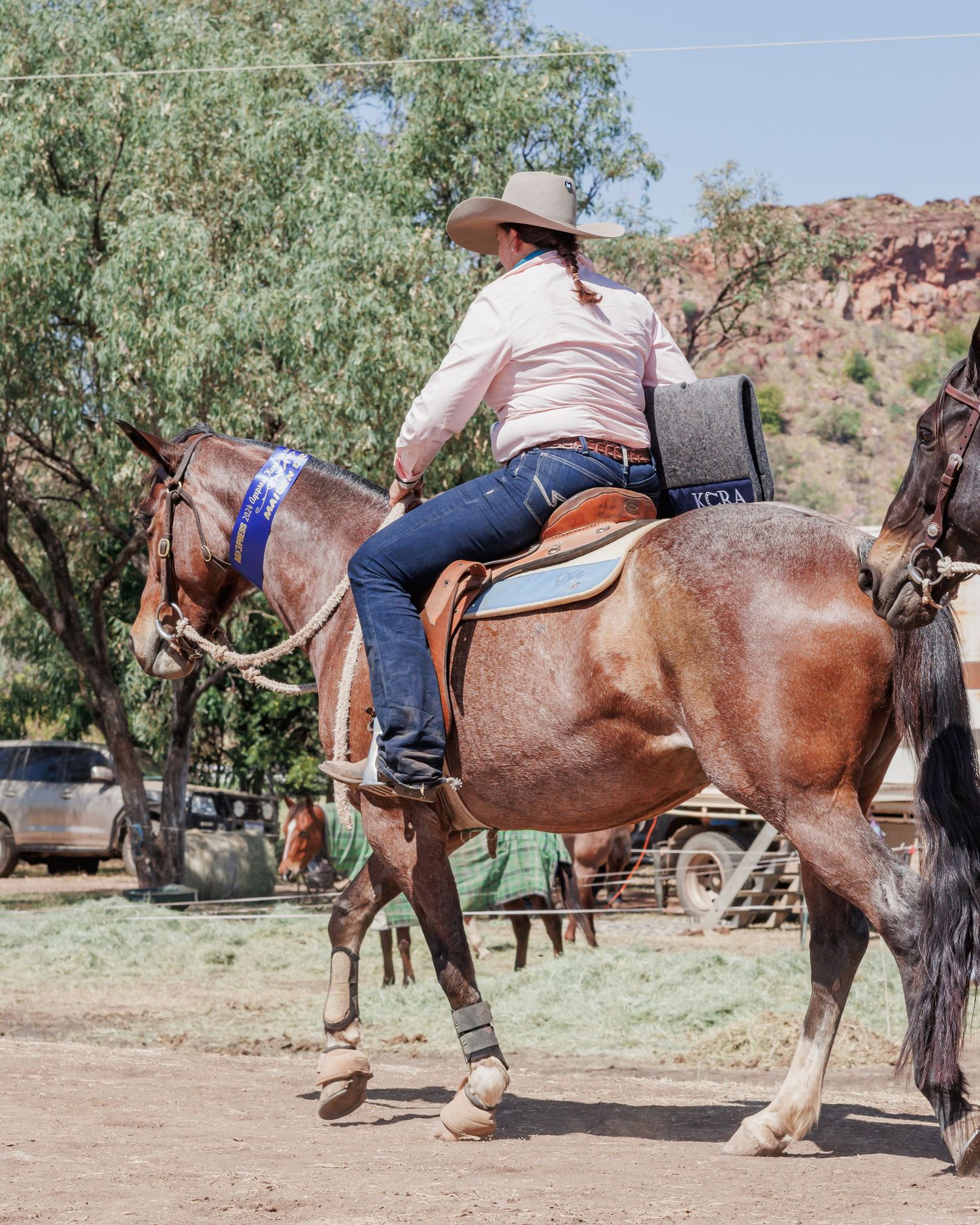 A rider mounts a brown horse in front of desert terrain and trees.