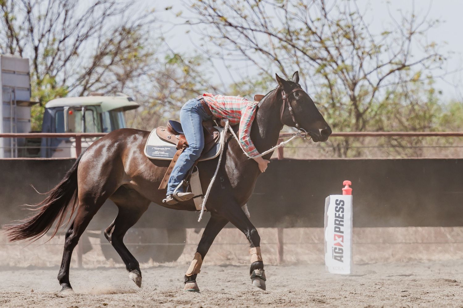 A rider leans into a turn while competing in a western riding event.