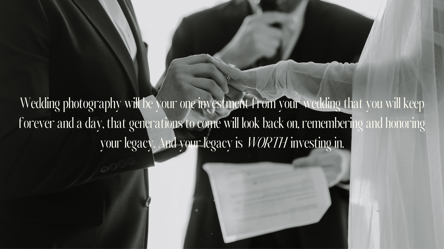 Black and white image showing close-up of hand signing wedding document.