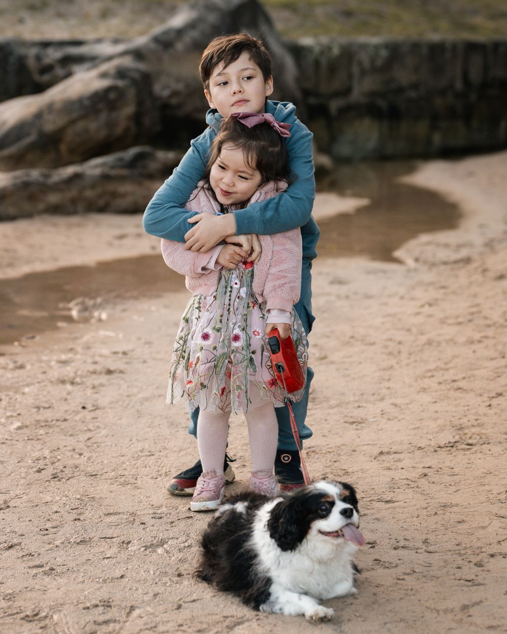 Siblings hugging each other on the beach during a family photoshoot in Sydney, with their dog sitting nearby