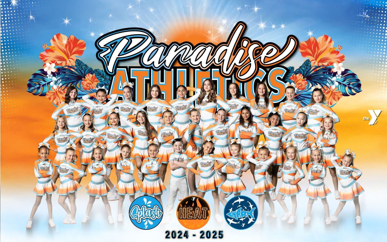 Large cheerleading team poses in white uniforms against sunset-themed backdrop with tropical elements.