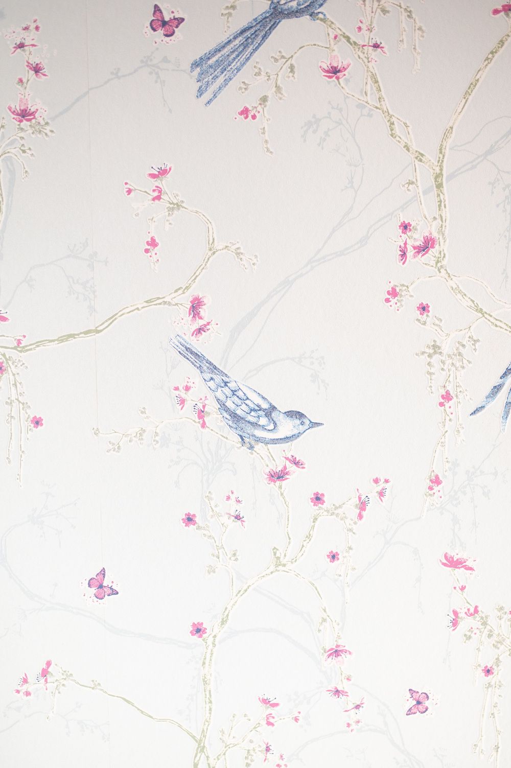 Elegant wallpaper featuring blue birds perched on delicate branches with pink flowers and butterflies.