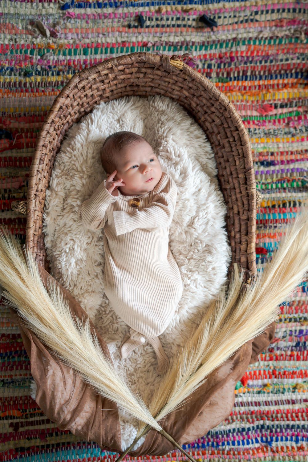 newborn boy in a basket on a colorful rug