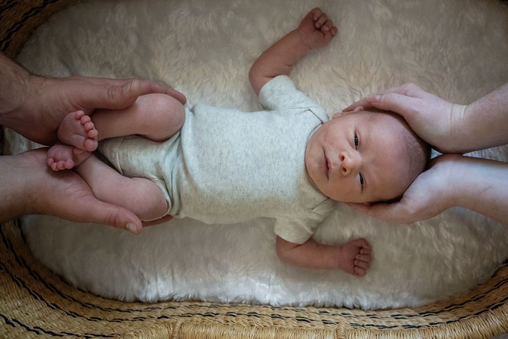mom and dad cradle baby's feet and head portrait of newborn boy