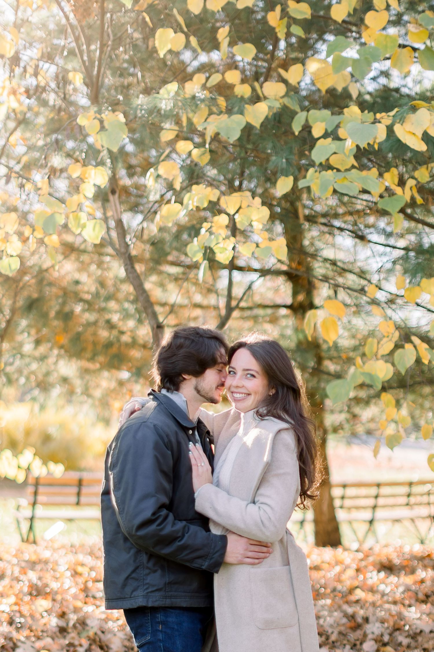 Romantic autumn engagement photos with yellow leaves in the background.