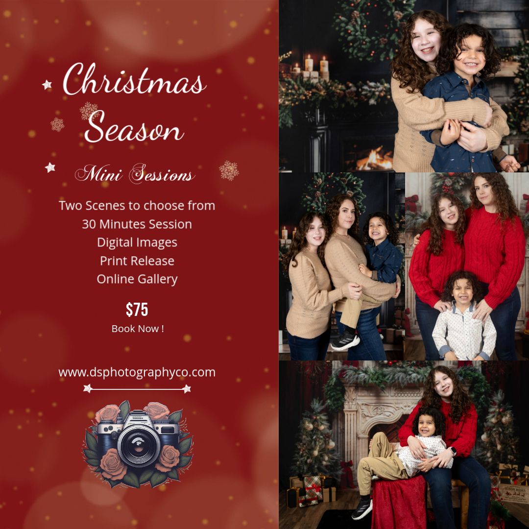 A Christmas mini session advertisement showing multiple family portrait options.