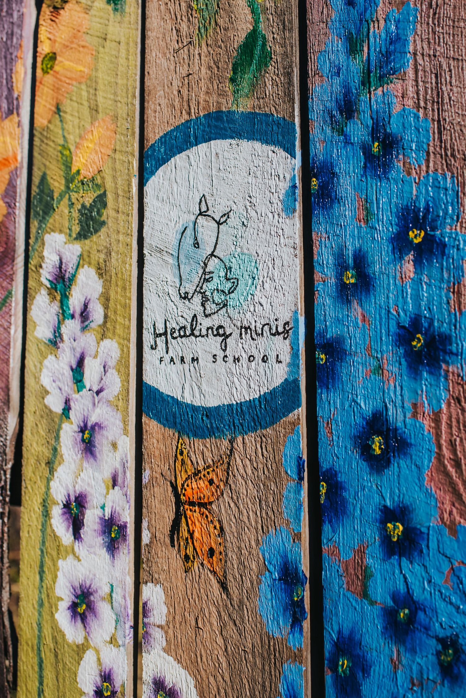 Healing Minis Farm School painted symbol on colourful fence.