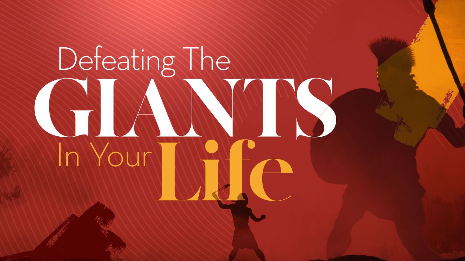 Vibrant red and orange gradient background with white text overlay showing a portion of text about defeating giants.