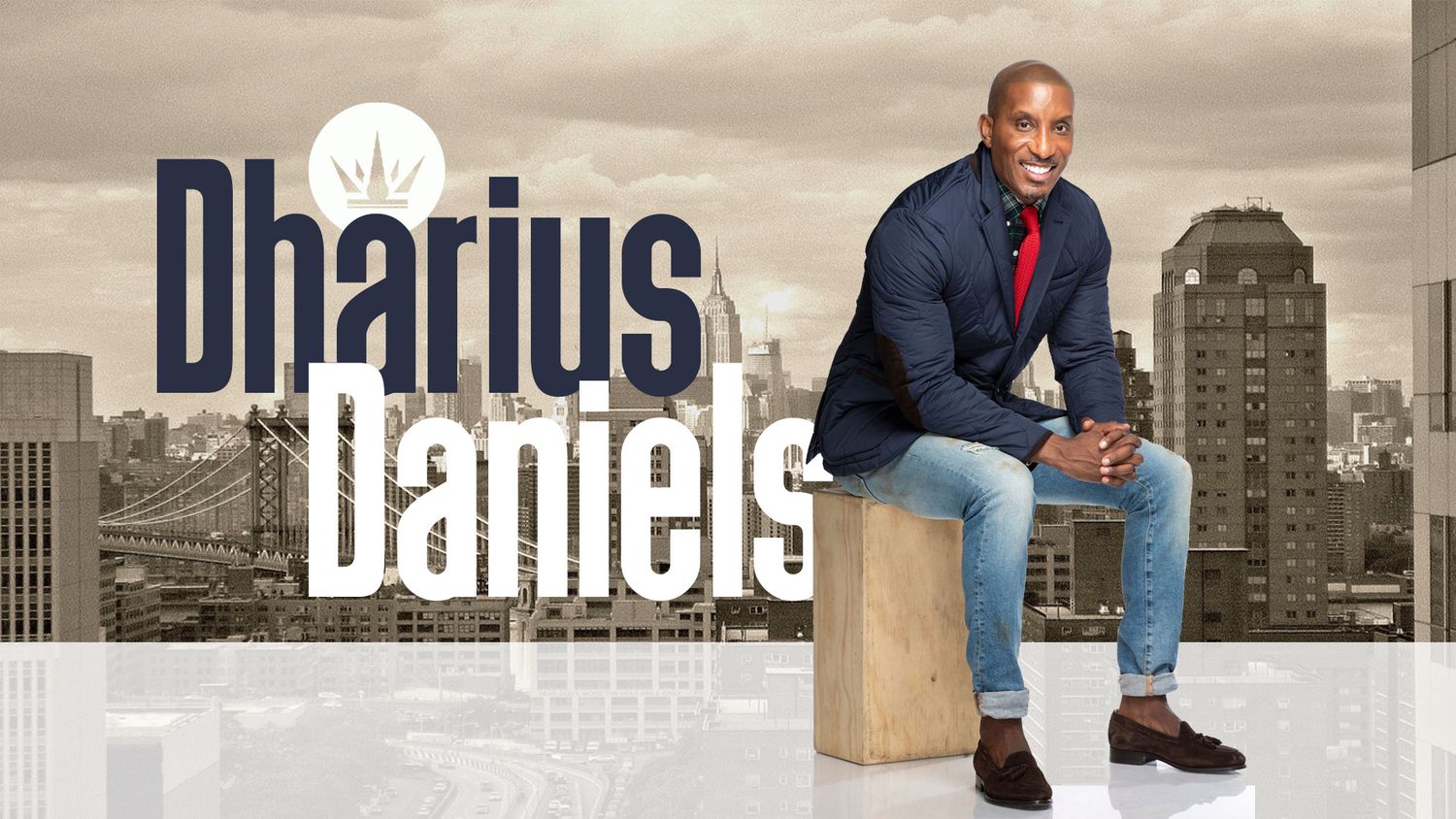 Promotional photo showing a person sitting casually on a ledge against a cityscape backdrop with text overlay.