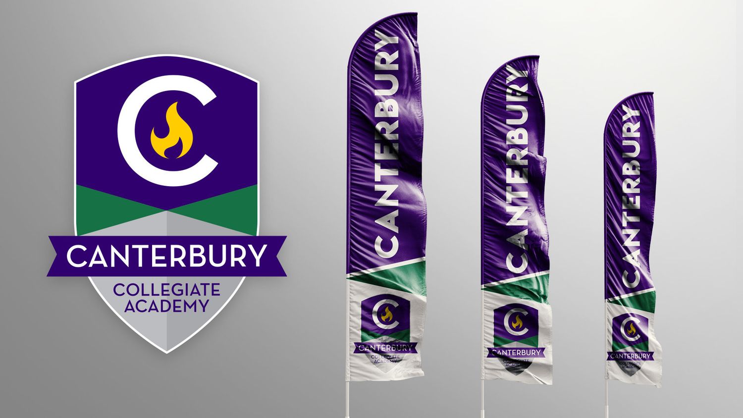 A series of purple and white Canterbury Collegiate Academy logos and branding elements arranged in a horizontal row.