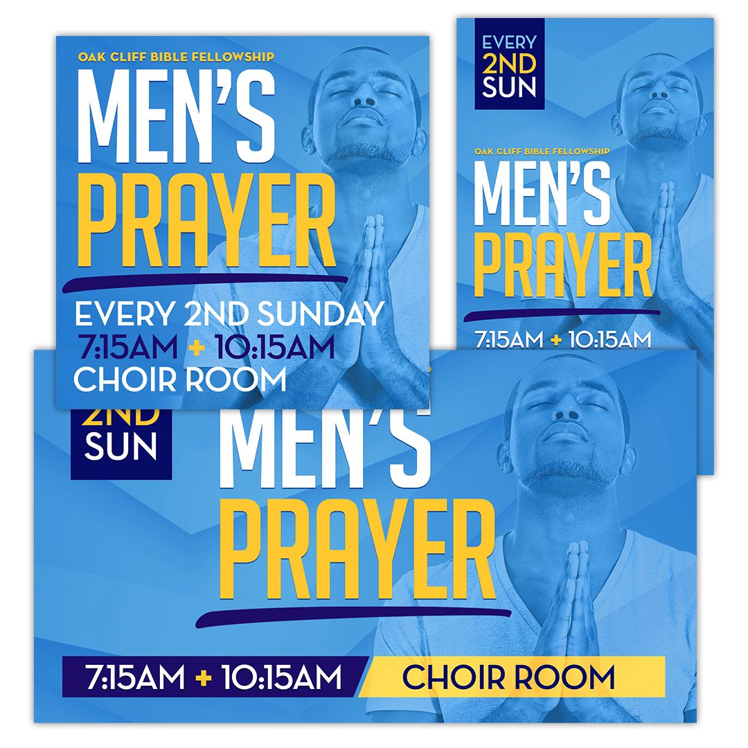 Men's Prayer event flyer for church choir room meetings in blue and gold design.