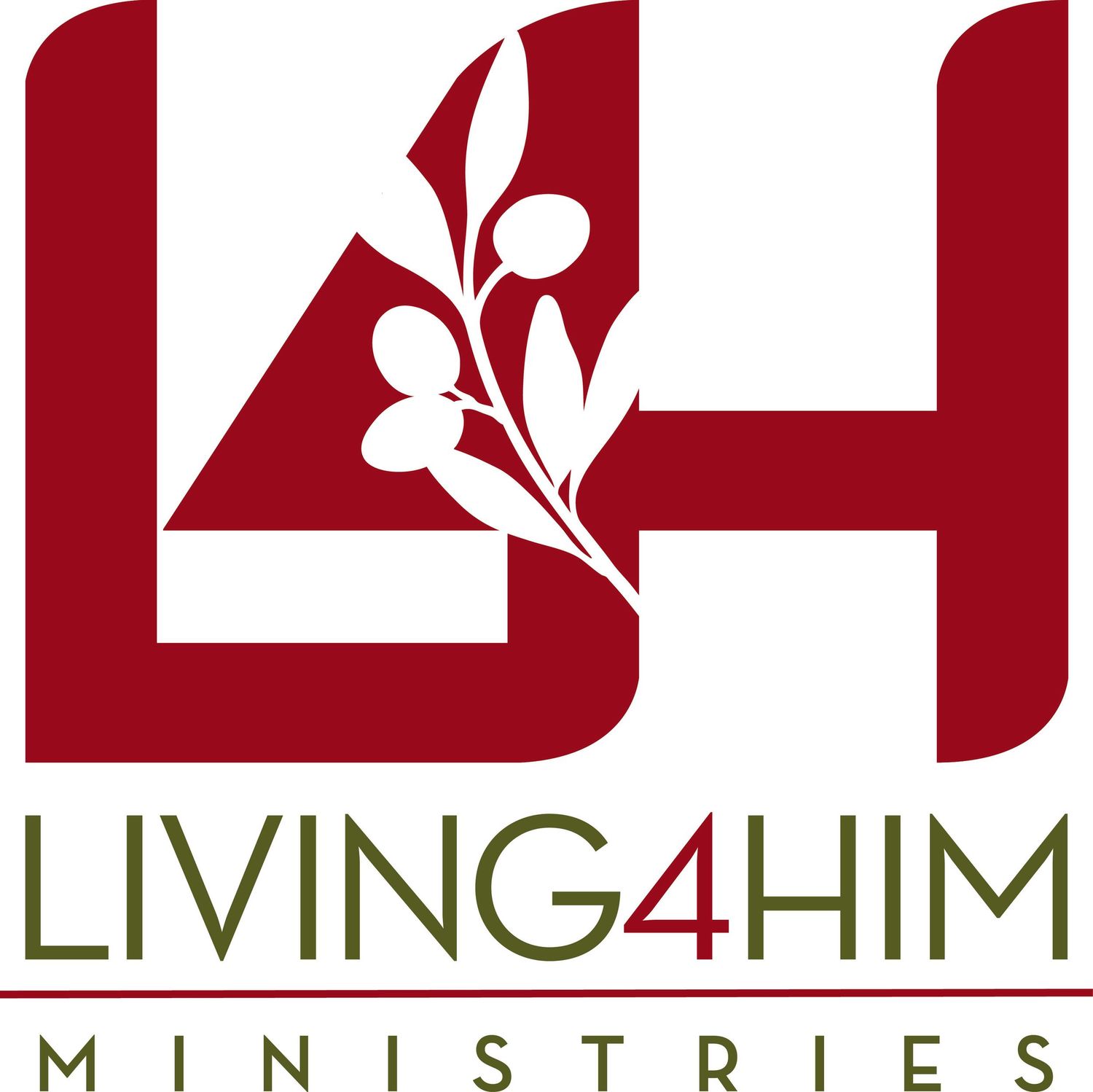 A red and white logo design for Living4Him Ministries with stylized text and floral accents.