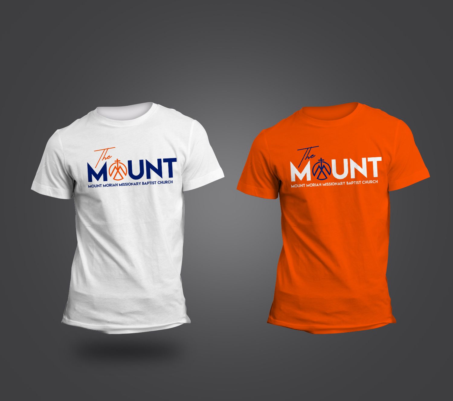 White and orange t-shirts with The Mount logo design displayed on grey background.