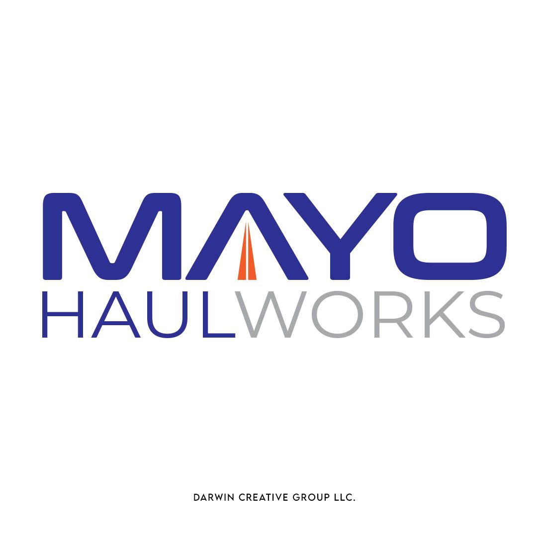 Logos for Mayo, Mayo's Hauling Works, and Darwin Creative Group LLC arranged horizontally on white background.
