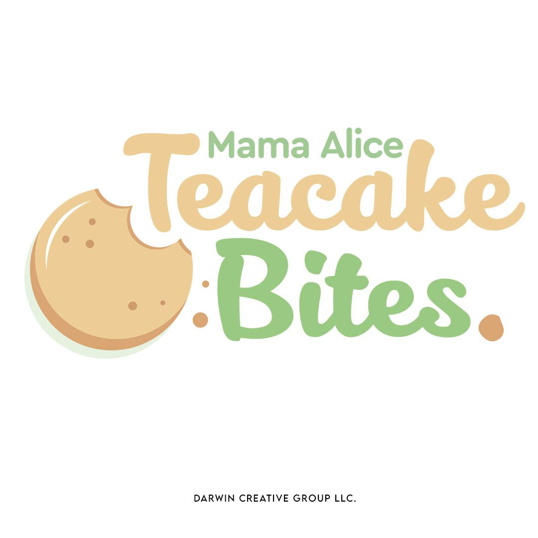 Illustrated logo design for Mama Alice Deluxe Bites featuring text and a cookie icon in warm beige and green colors.
