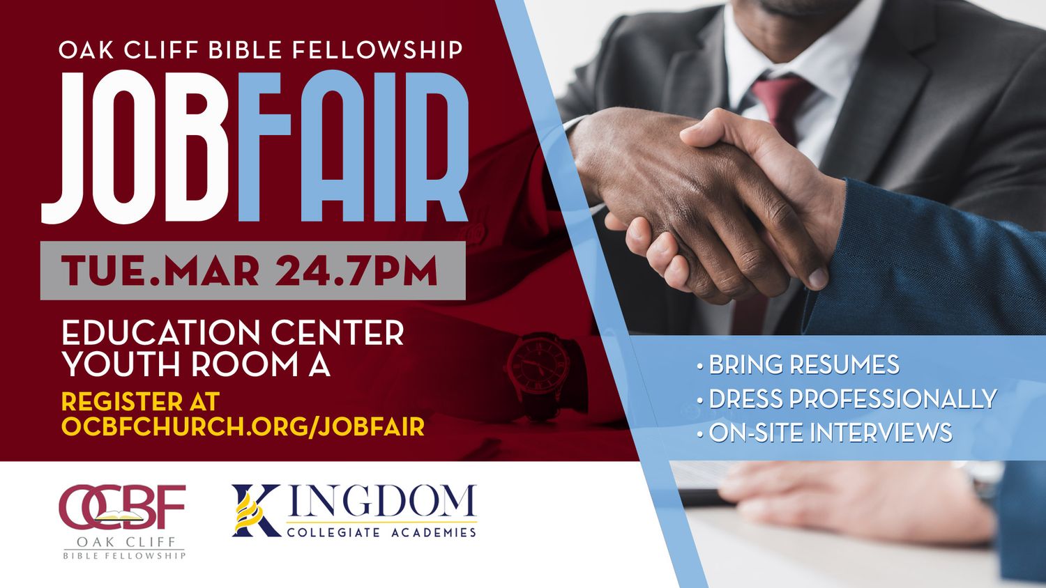 Church event banner showing details for a job fair at Oak Cliff Bible Fellowship Education Center with time and registration info.