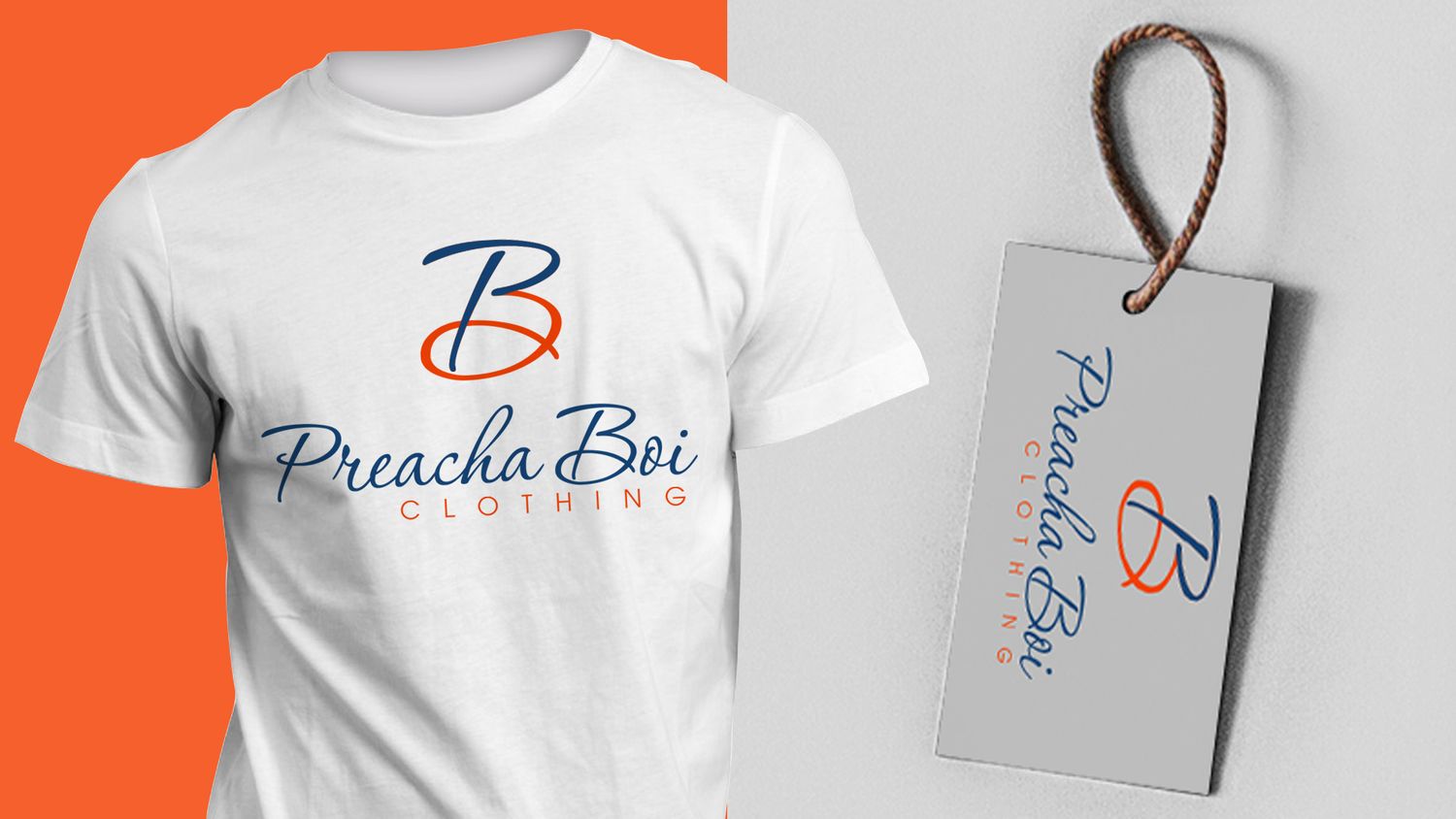 White t-shirt and product tag mockup featuring a blue and orange Preacha Boi brand logo design.