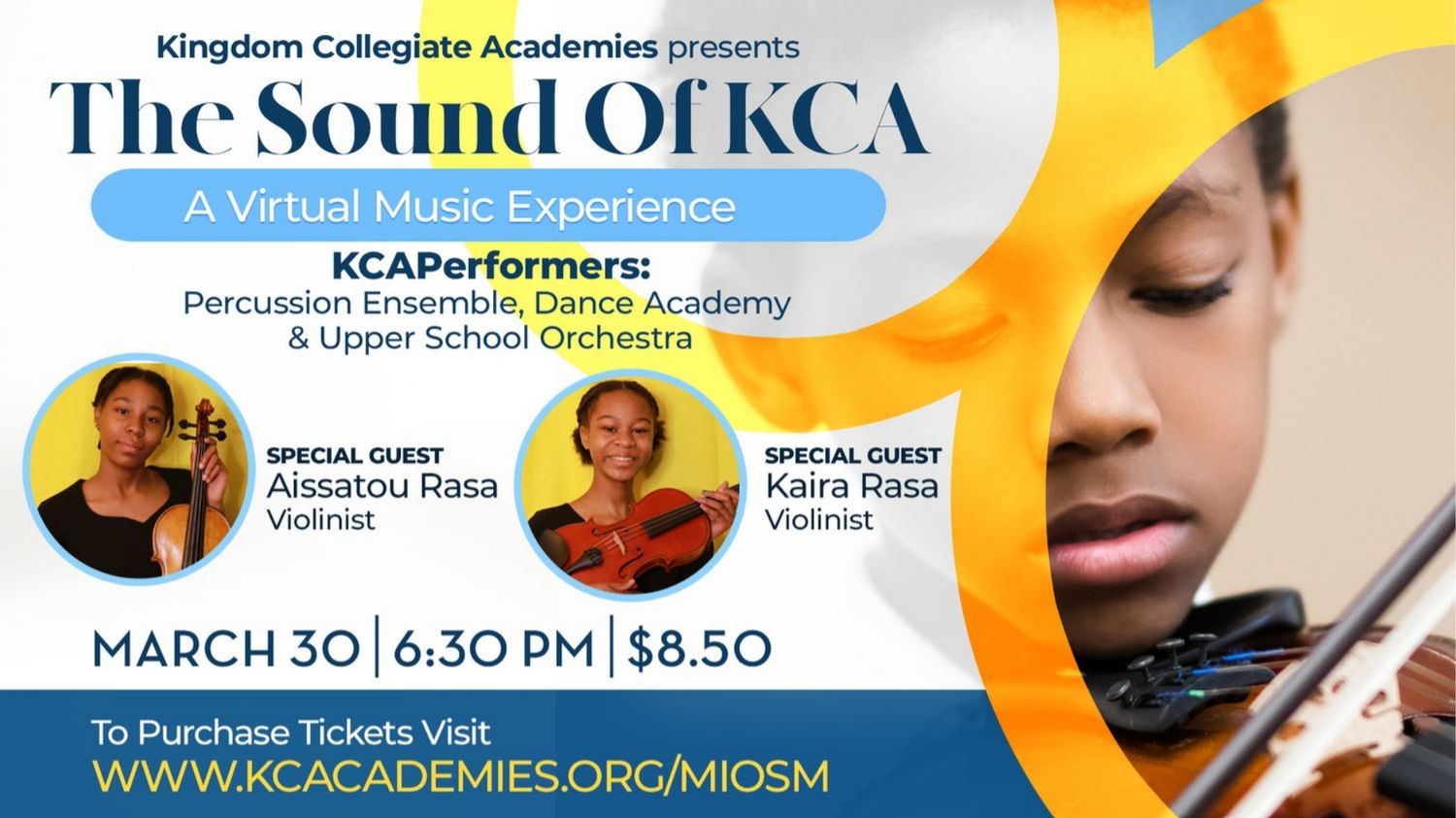 Concert promotional poster for The Sound of KCA featuring percussion ensemble performers with orange and blue design elements.