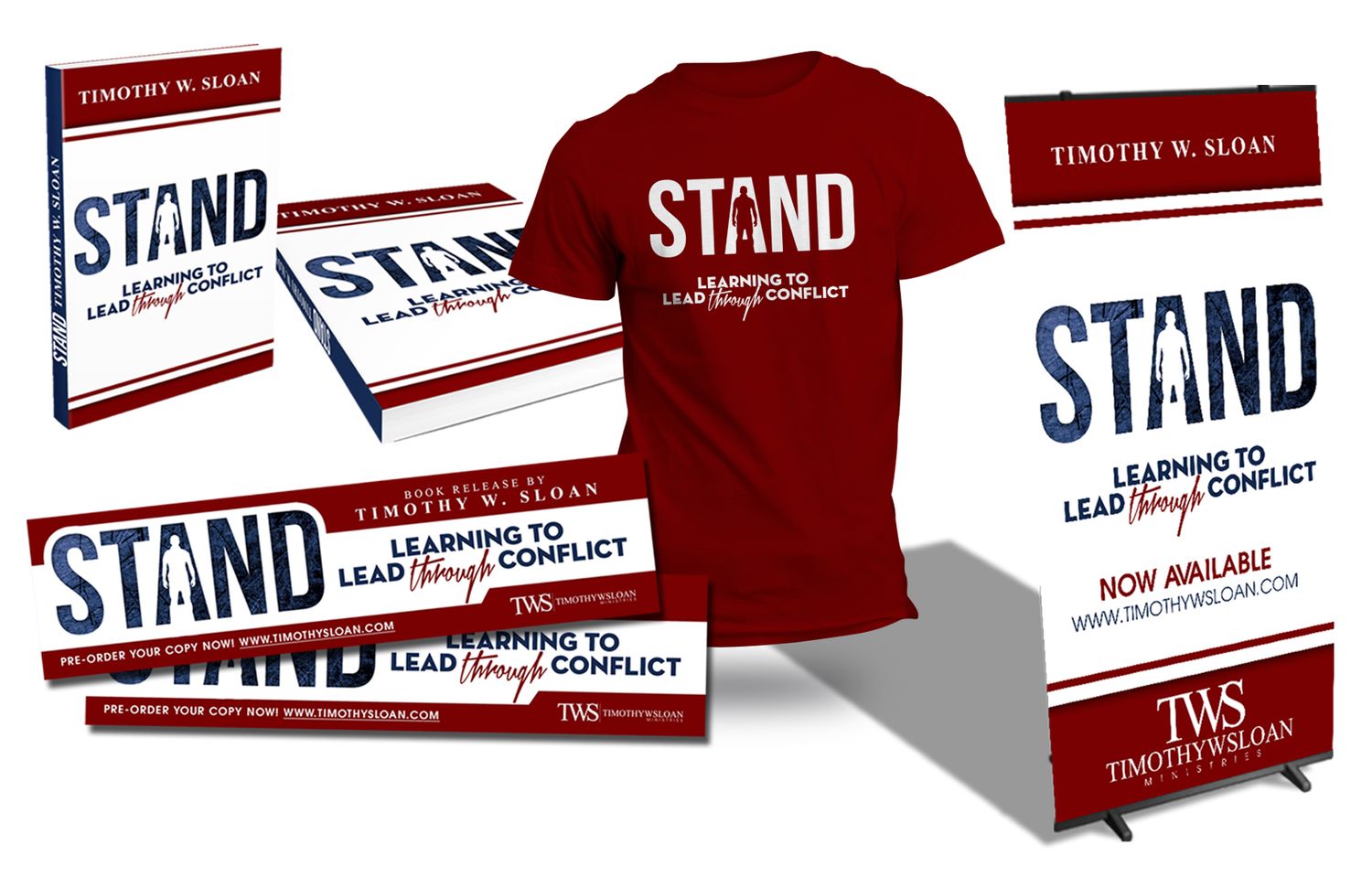 Collection of red and white book covers and t-shirt merchandise for 'STAND' by Timothy W. Sloan.